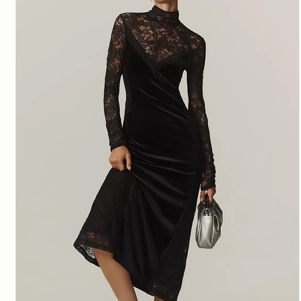 Anthropology Mock-Neck Lace Velvet Slip Midi Dress